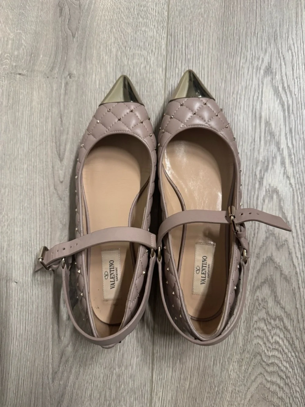 Valentino Quilted Mary Jane Flat with Metallic Point Toe - Nude Blush